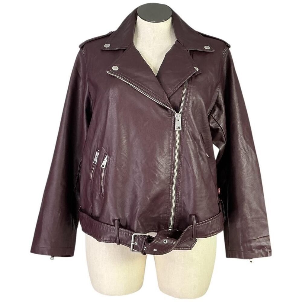 Levis Moto Jacket Womens 3X Burgundy Red Faux Leather Belted Hem Long Sleeve NEW